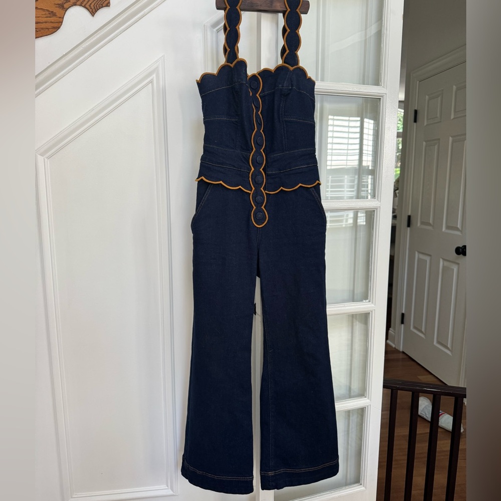 FARM Rio Dark Denim Wavy Trim Jumpsuit
